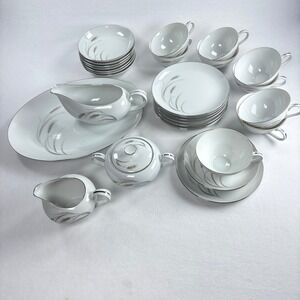 Fine China Tea Set Japan Silver Wheat MCM Party 30 Piece 8 Place Setting Amcrest